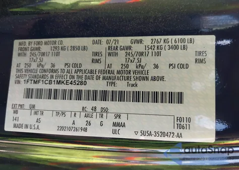 2021 Ford F-150 Xl from USA, damaged, VIN 1FTMF1CB1MKE45280